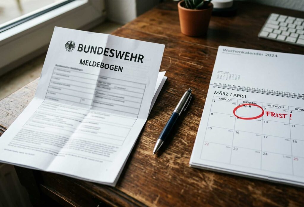 Bundeswehr Meldebogen mit Kugelschreiber und Fristkalender auf einem Schreibtisch