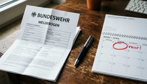 Bundeswehr Meldebogen mit Kugelschreiber und Fristkalender auf einem Schreibtisch