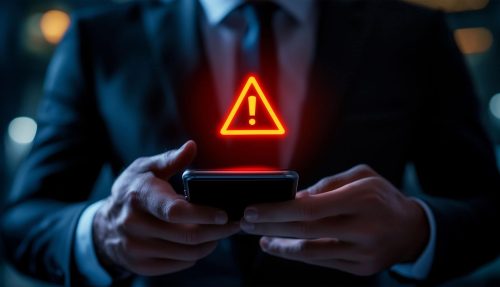 Nahaufnahme eines Anwalts mit Handy und digitalem Warnsymbol zur Verdeutlichung der Rechtslage bei KI-generierten Deepfakes.