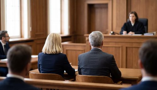Gerichtssaal-Szene: Eine Richterin leitet die Verhandlung, Anwalt und Mandant schauen zu ihr, während das aktuelle BGH-Urteil zur Vergewaltigung ohne eigenen Geschlechtsverkehr erörtert wird. Zuschauer sind anwesend.