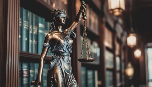 Bronzene Justitia-Statue mit Waage und verbundenen Augen vor einem Bücherregal in einer Anwaltskanzlei – Symbolbild zum BGH-Urteil über Stealthing und die Auslegung von § 177 StGB.